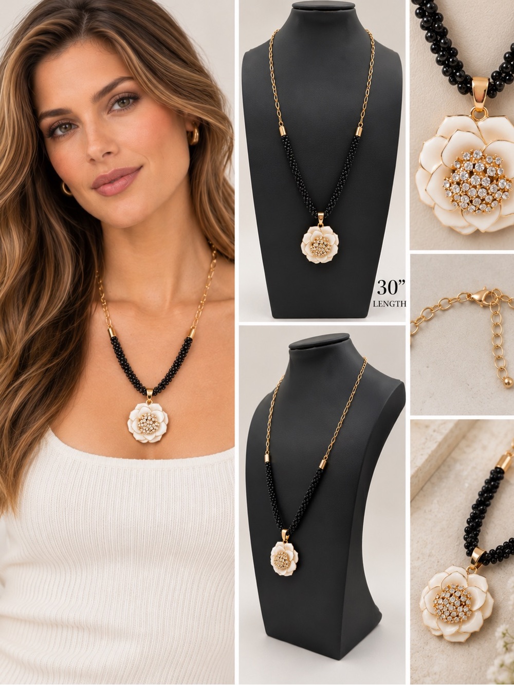 Gold-Tone Necklace with Black Beaded Strands and Cream Floral Pendant